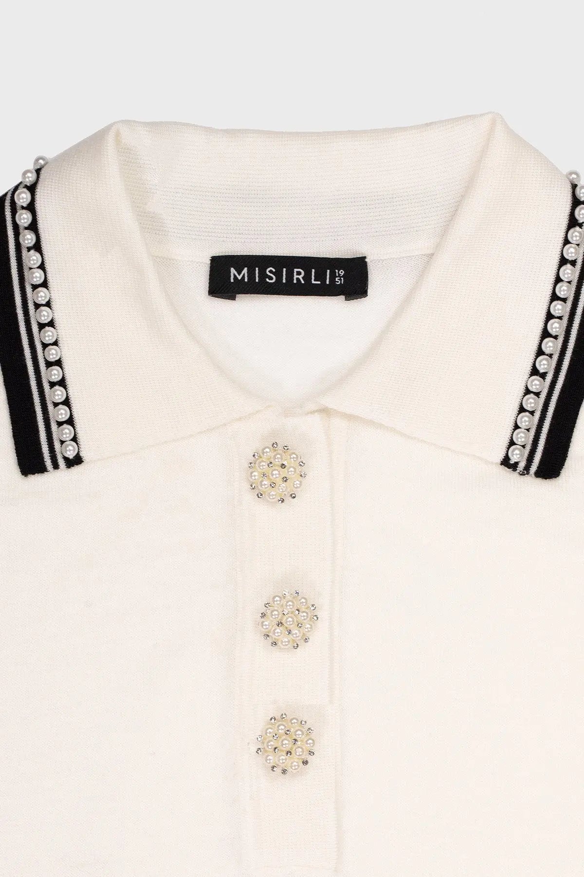 Ekru Siyah Polo Yaka İncili Kadın Kazak  Mısırlı 1951