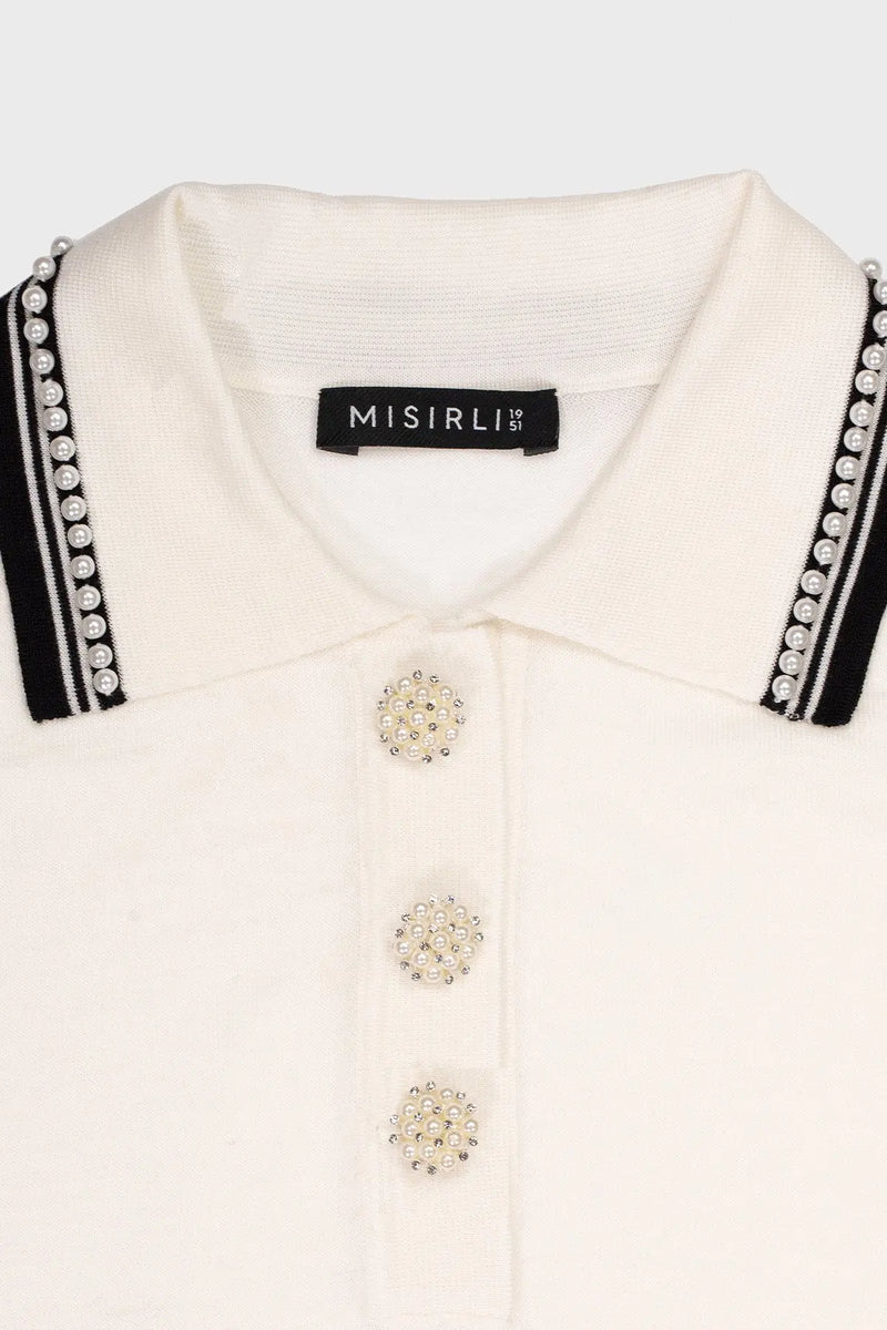 Ekru Siyah Polo Yaka İncili Kadın Kazak  Mısırlı 1951