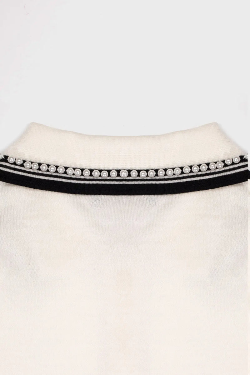 Ekru Siyah Polo Yaka İncili Kadın Kazak