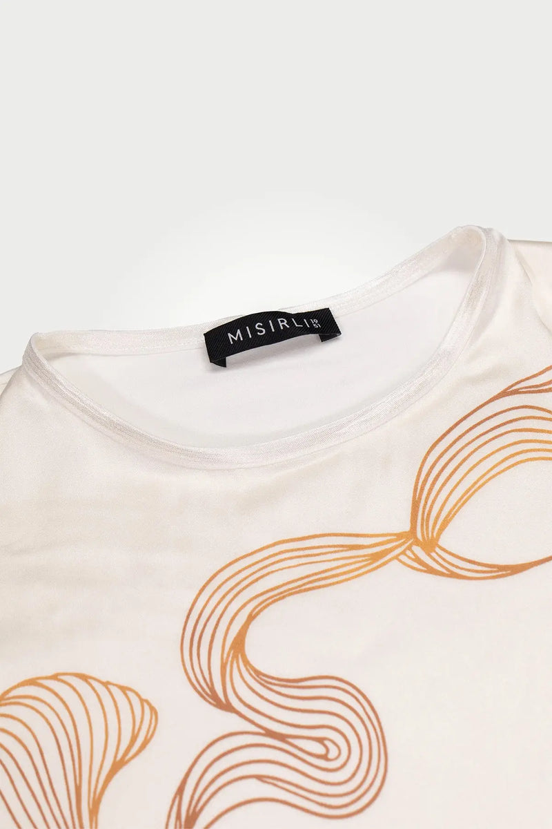 Ekru Soyut Desenli İpek Bluz