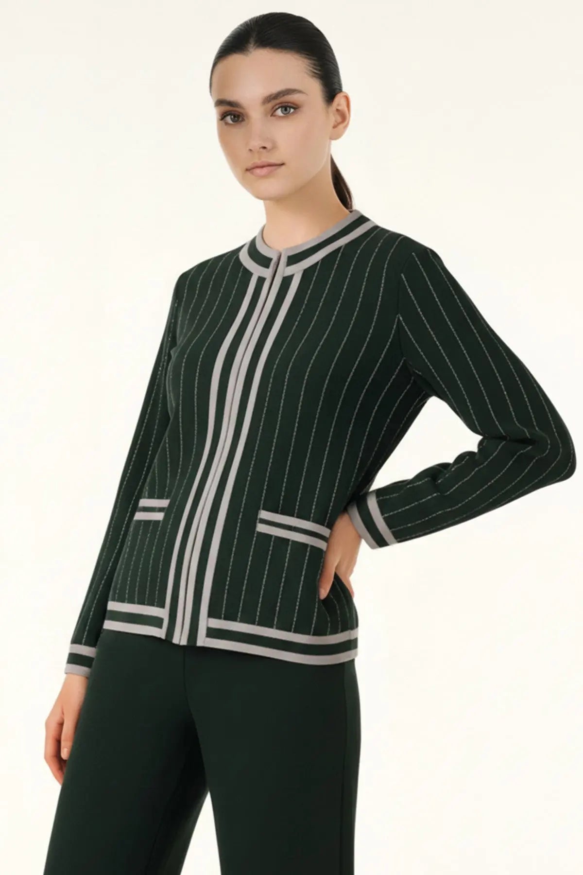 Nefti Yeşili Çizgili Kadın Ceket - Mısırlı 1951