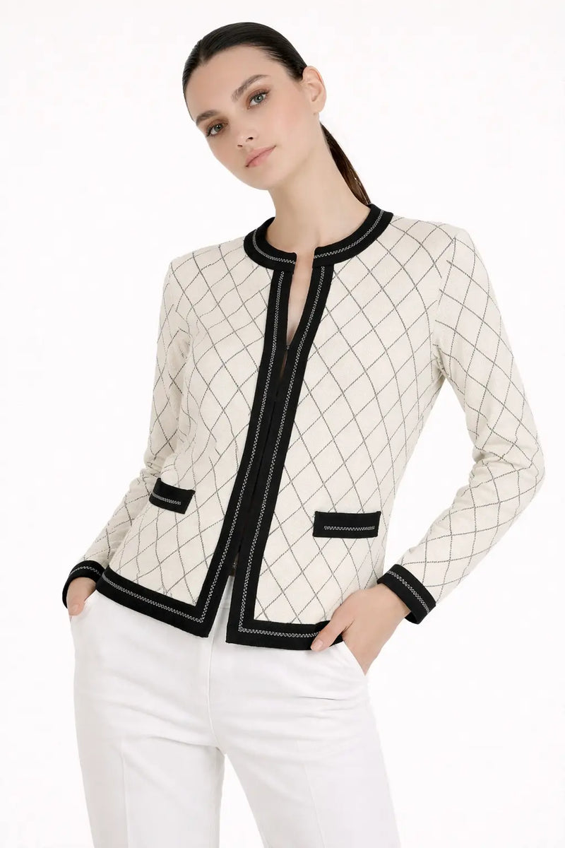 Ekru Siyah Baklava Desenli Kadın Ceket  Mısırlı 1951