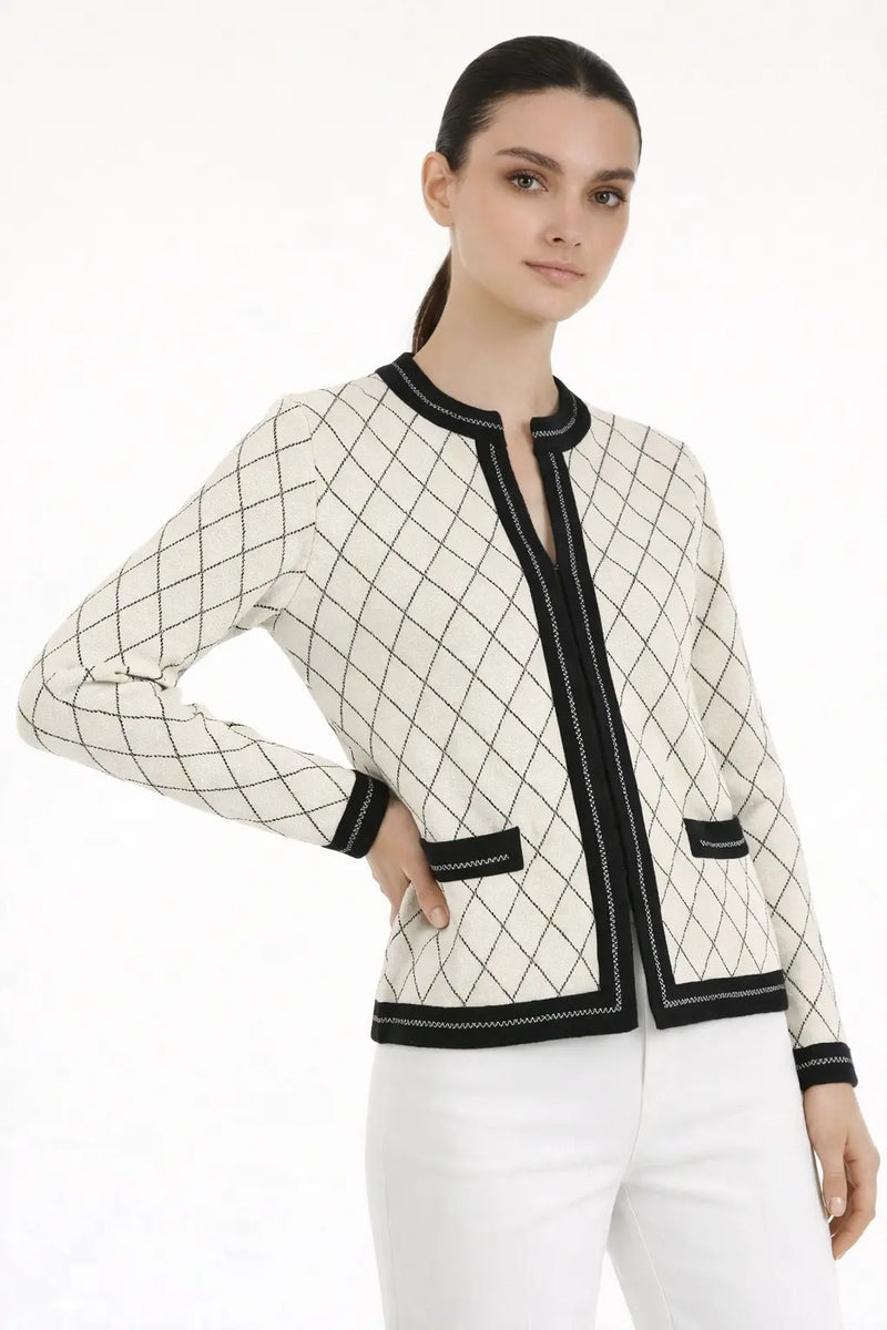 Ekru Siyah Baklava Desenli Kadın Ceket  Mısırlı 1951