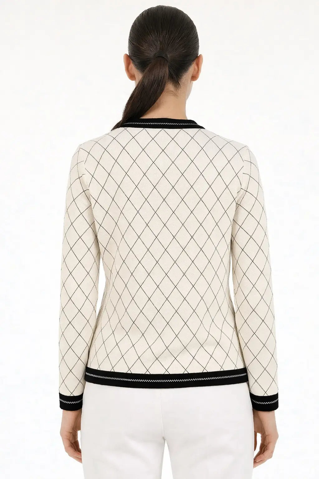 Ekru Siyah Baklava Desenli Kadın Ceket  Mısırlı 1951