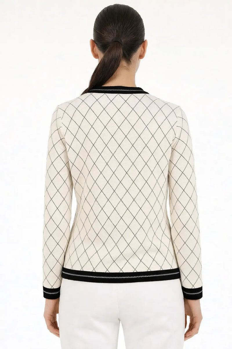 Ekru Siyah Baklava Desenli Kadın Ceket