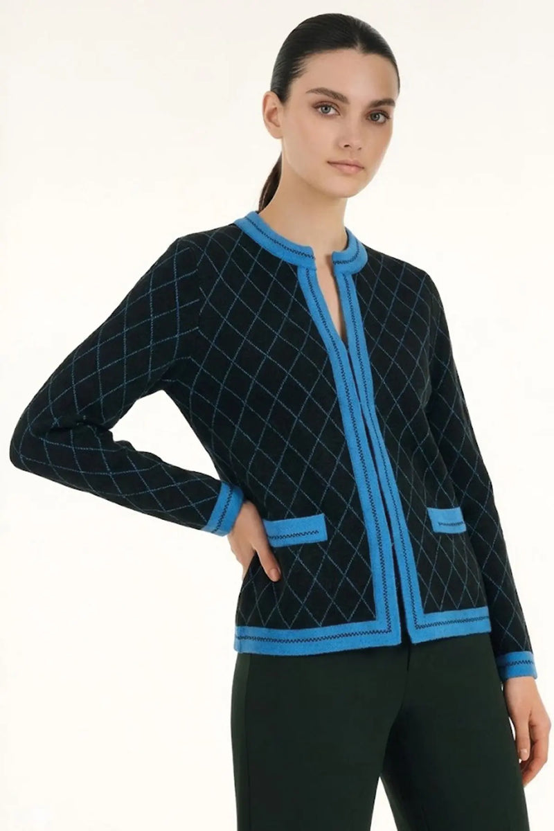 Siyah Saks Mavi Baklava Desenli Kadın Ceket  Mısırlı 1951