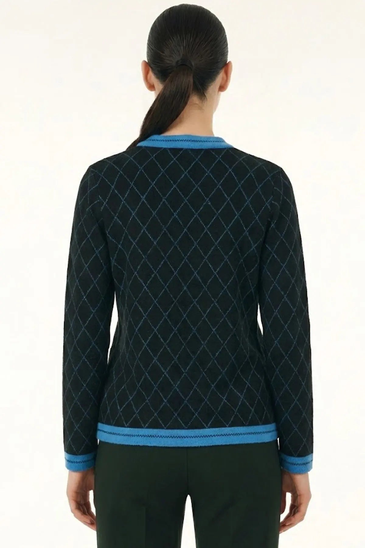 Siyah Saks Mavi Baklava Desenli Kadın Ceket  Mısırlı 1951