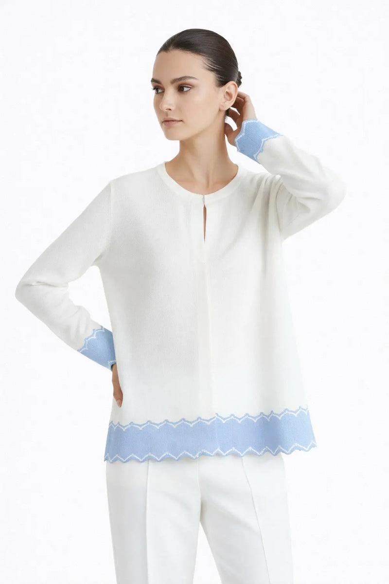 Ekru Bebe Mavi Etek Ucu Desenli Kadın Hırka  Mısırlı 1951