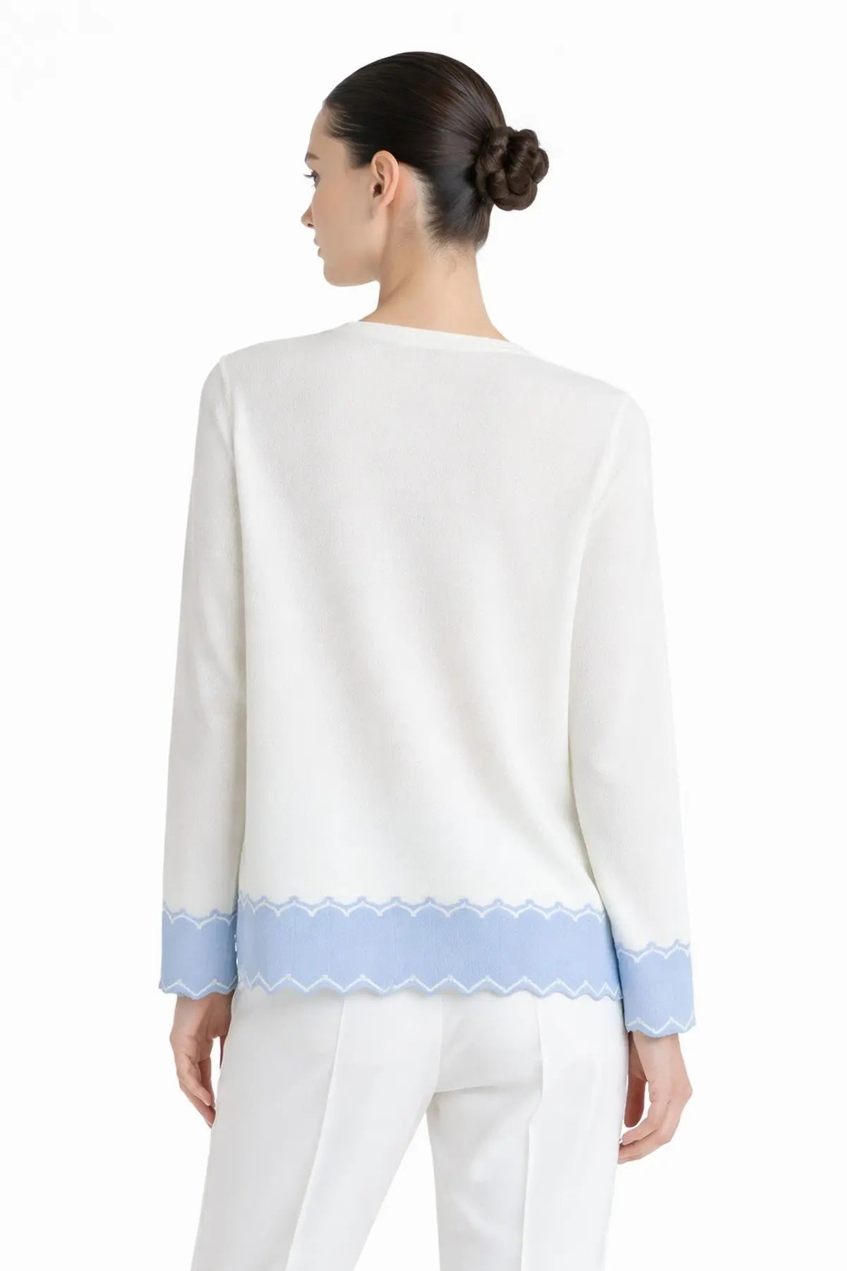 Ekru Bebe Mavi Etek Ucu Desenli Kadın Hırka  Mısırlı 1951