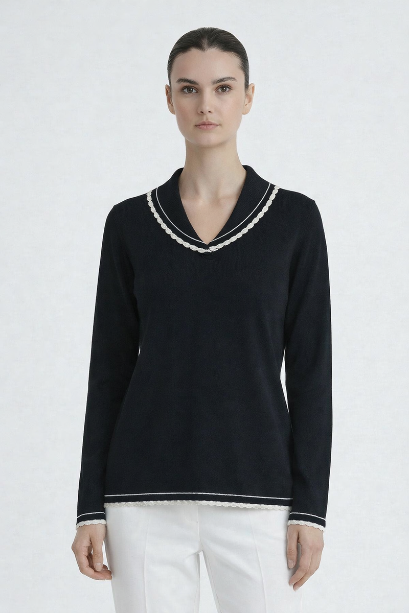 Siyah Ekru Biyeli Kadın Kazak