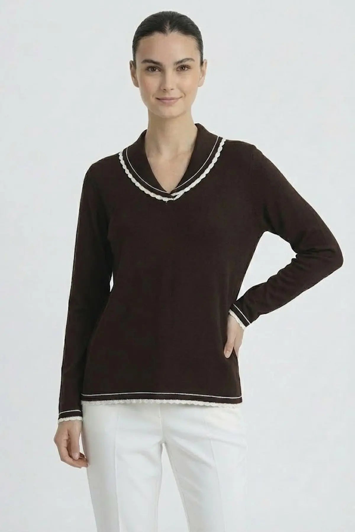 Kahverengi Ekru Biyeli Kadın Kazak  Mısırlı 1951