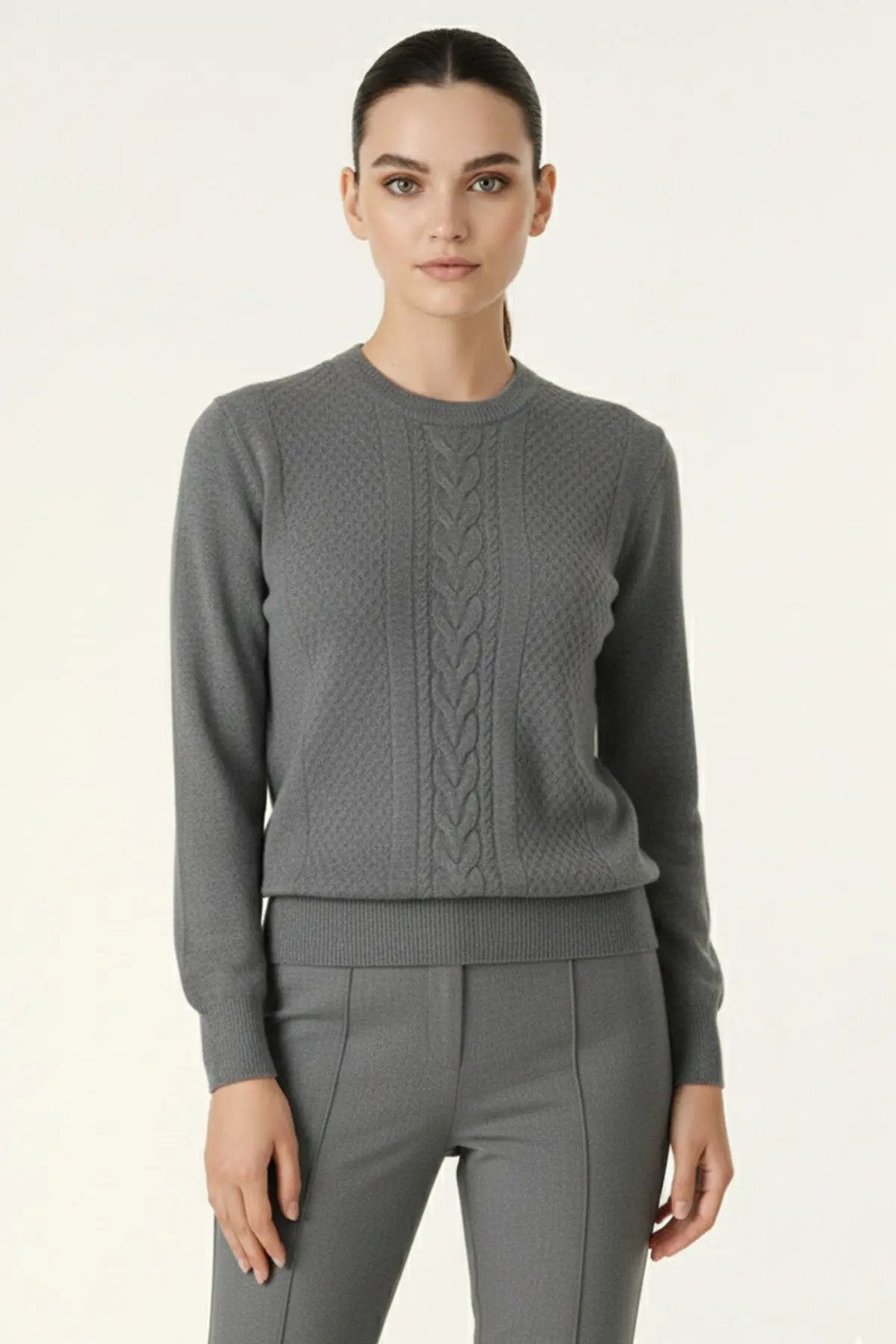 Antrasit Saç Örgü Desenli Kadın Kazak  Mısırlı 1951