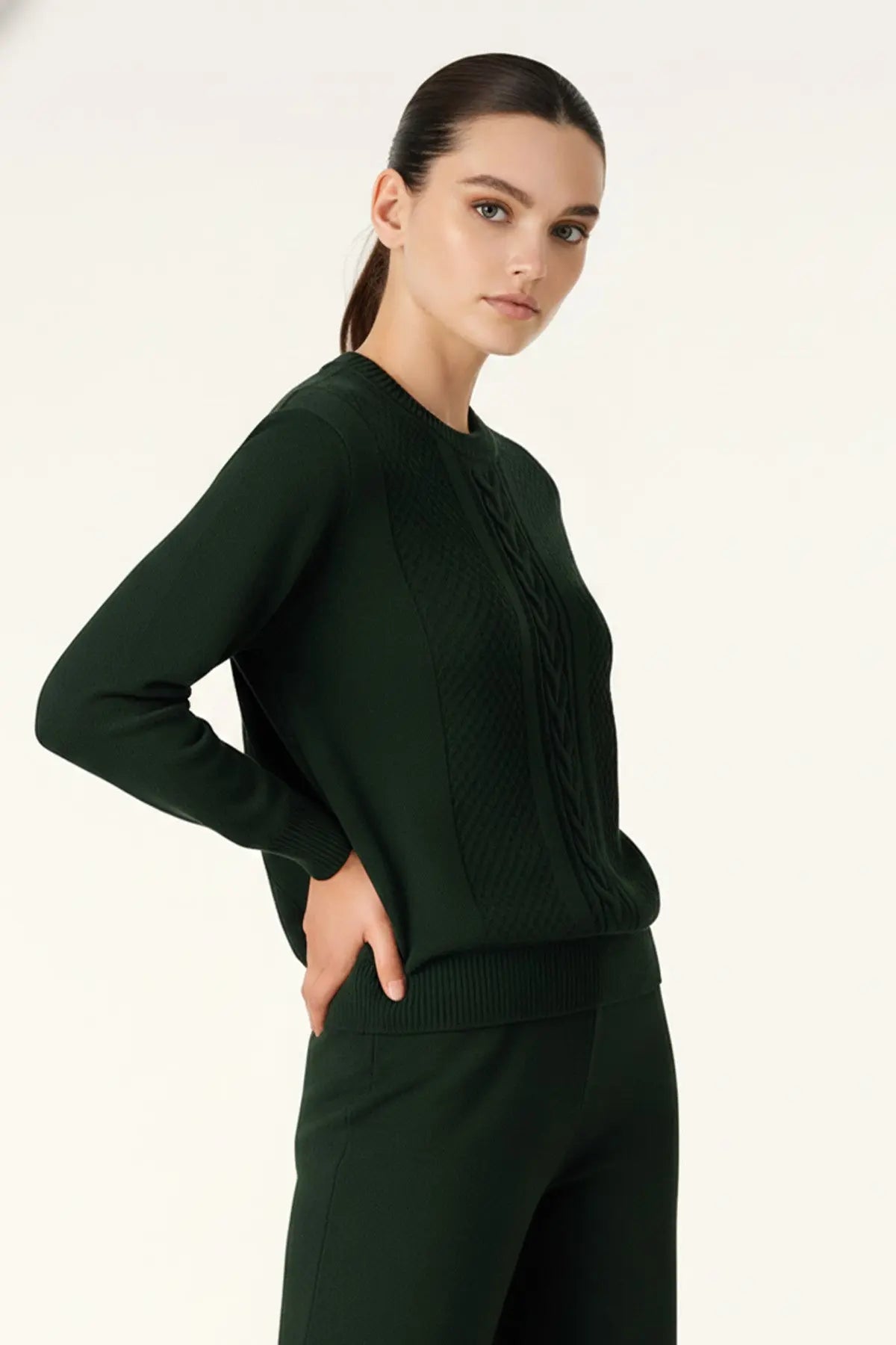 Nefti Yeşili Saç Örgü Desenli Kadın Kazak  Mısırlı 1951