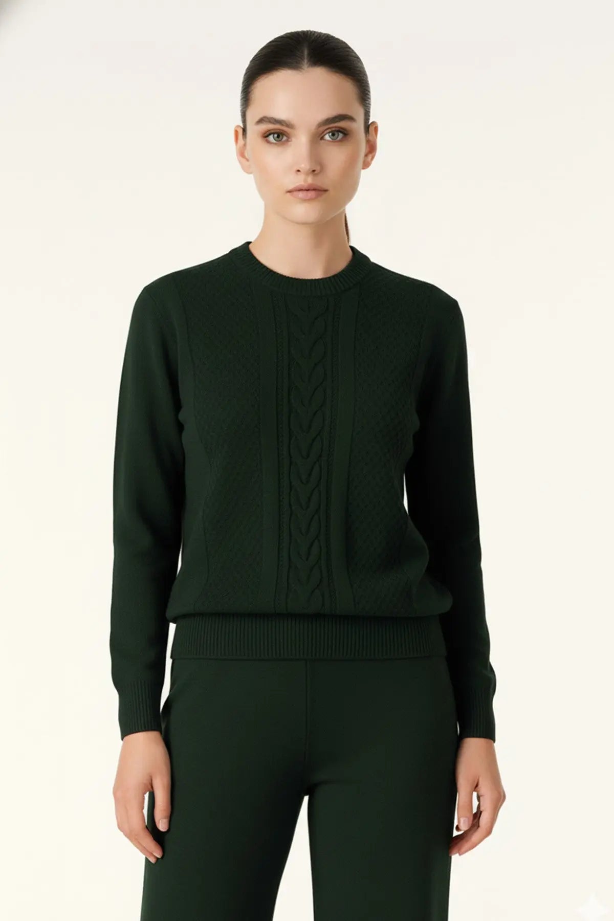 Nefti Yeşili Saç Örgü Desenli Kadın Kazak  Mısırlı 1951