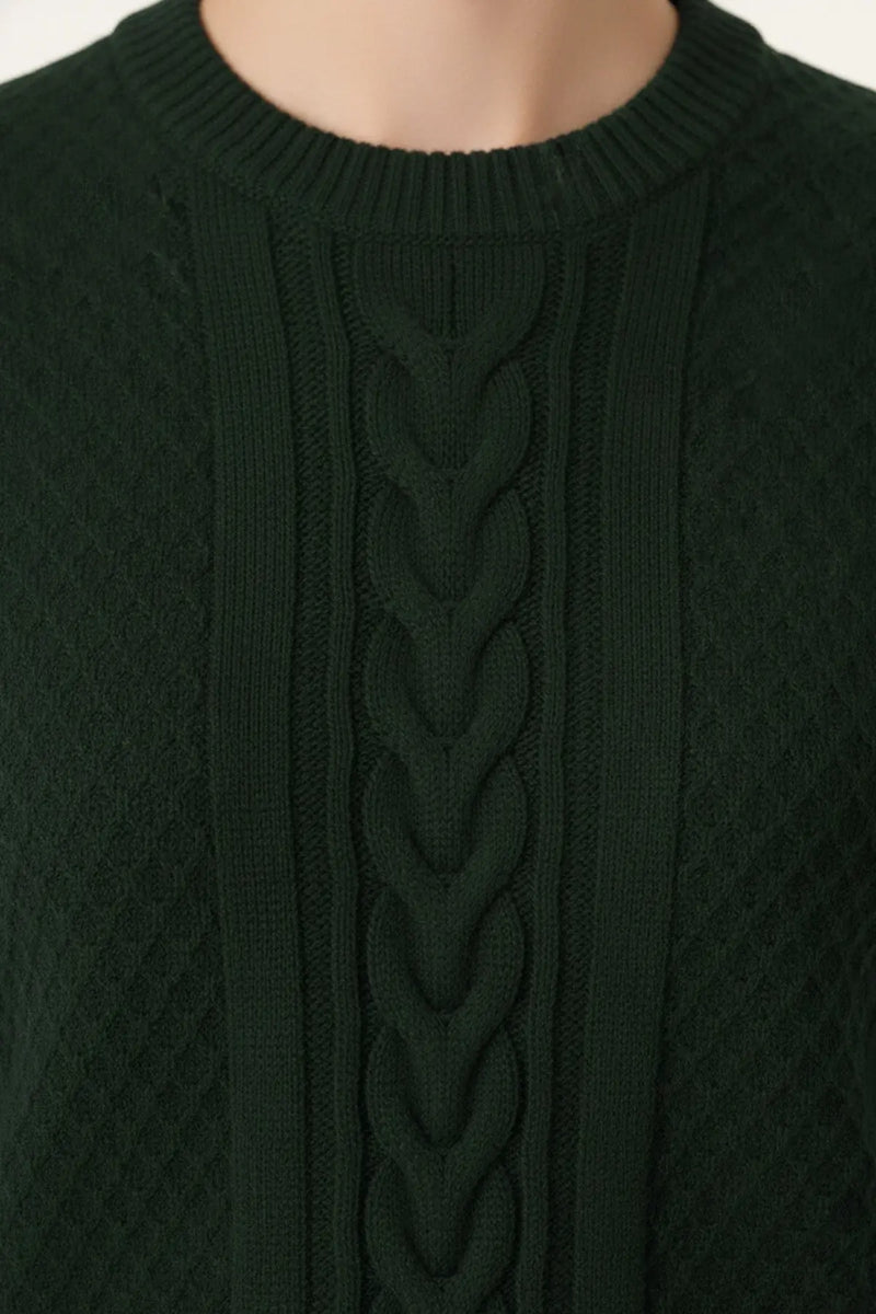 Nefti Yeşili Saç Örgü Desenli Kadın Kazak  Mısırlı 1951