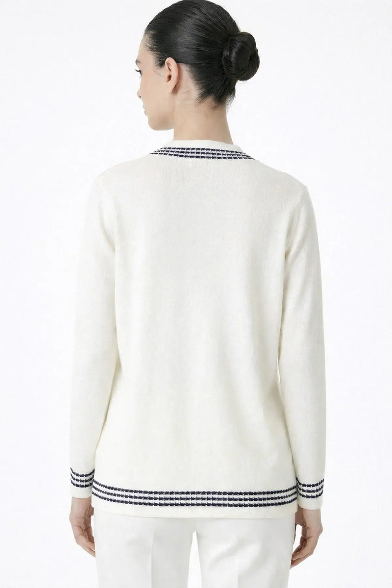 Ekru Lacivert Şeritli Kadın Hırka  Mısırlı 1951