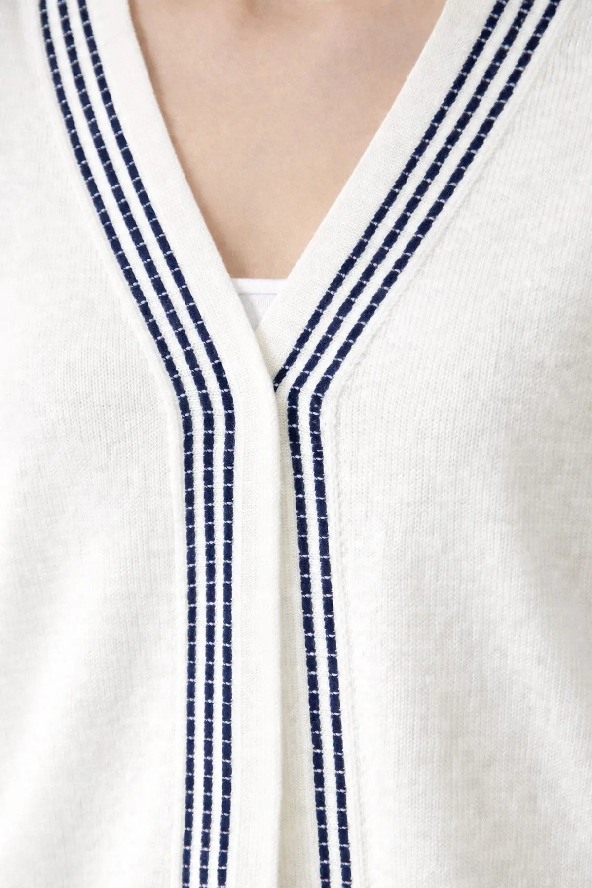 Ekru Lacivert Şeritli Kadın Hırka  Mısırlı 1951