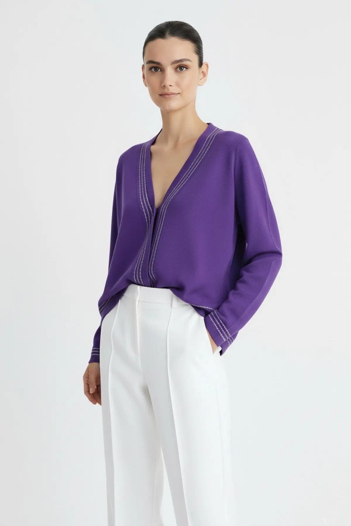 Mor Lila Şeritli Kadın Hırka  Mısırlı 1951