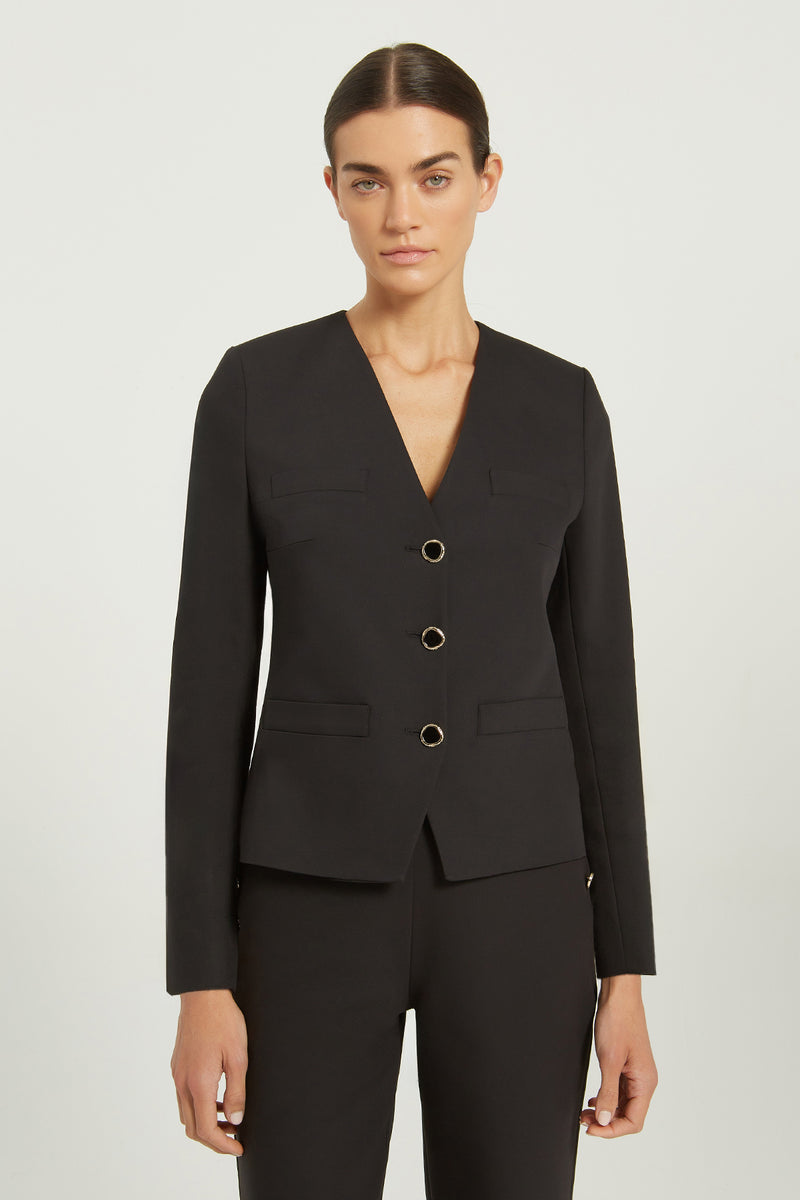 Siyah V Yaka Düğmeli Kadın Ceket
