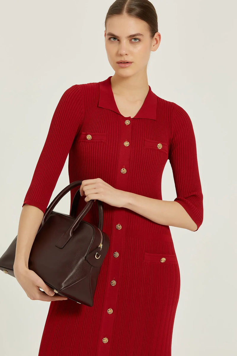 Bordo Fitilli Gold Düğmeli Uzun Elbise  Mısırlı 1951