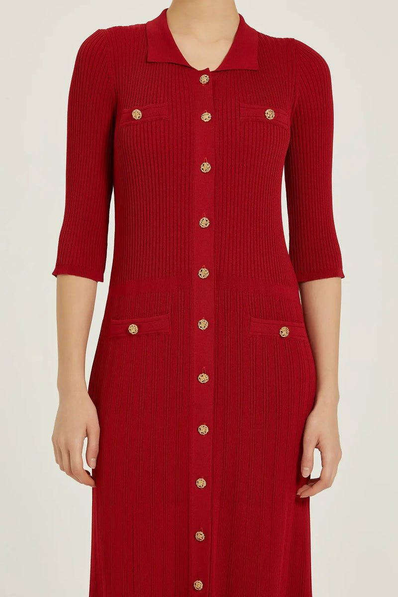 Bordo Fitilli Gold Düğmeli Uzun Elbise  Mısırlı 1951