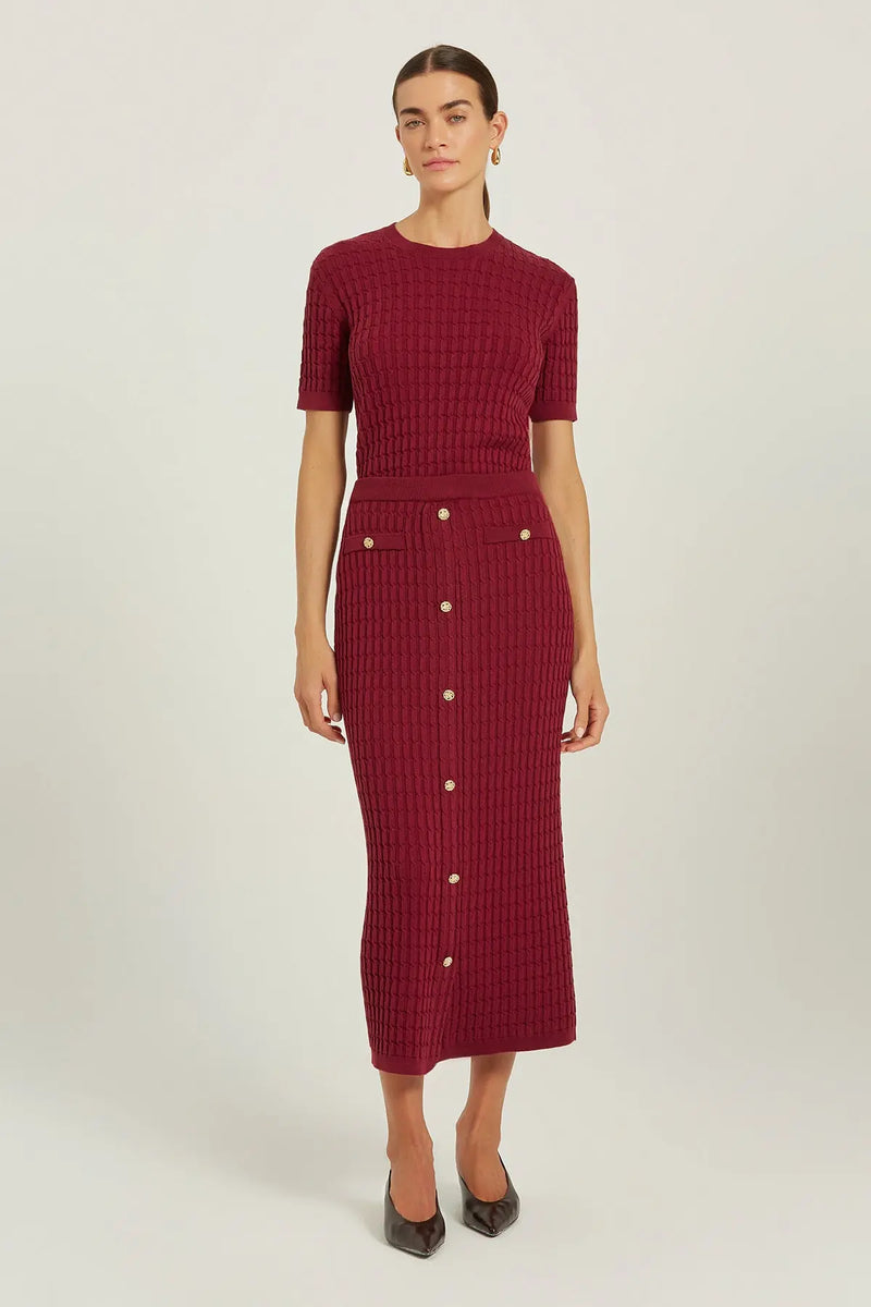 Bordo Örgü Dokulu Gold Düğmeli Midi Etek  Mısırlı 1951