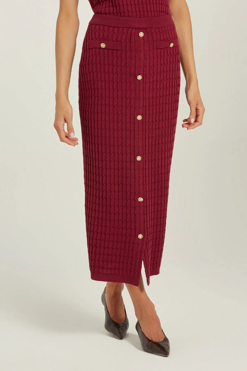 Bordo Örgü Dokulu Gold Düğmeli Midi Etek  Mısırlı 1951