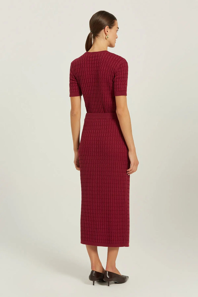 Bordo Örgü Dokulu Gold Düğmeli Midi Etek  Mısırlı 1951