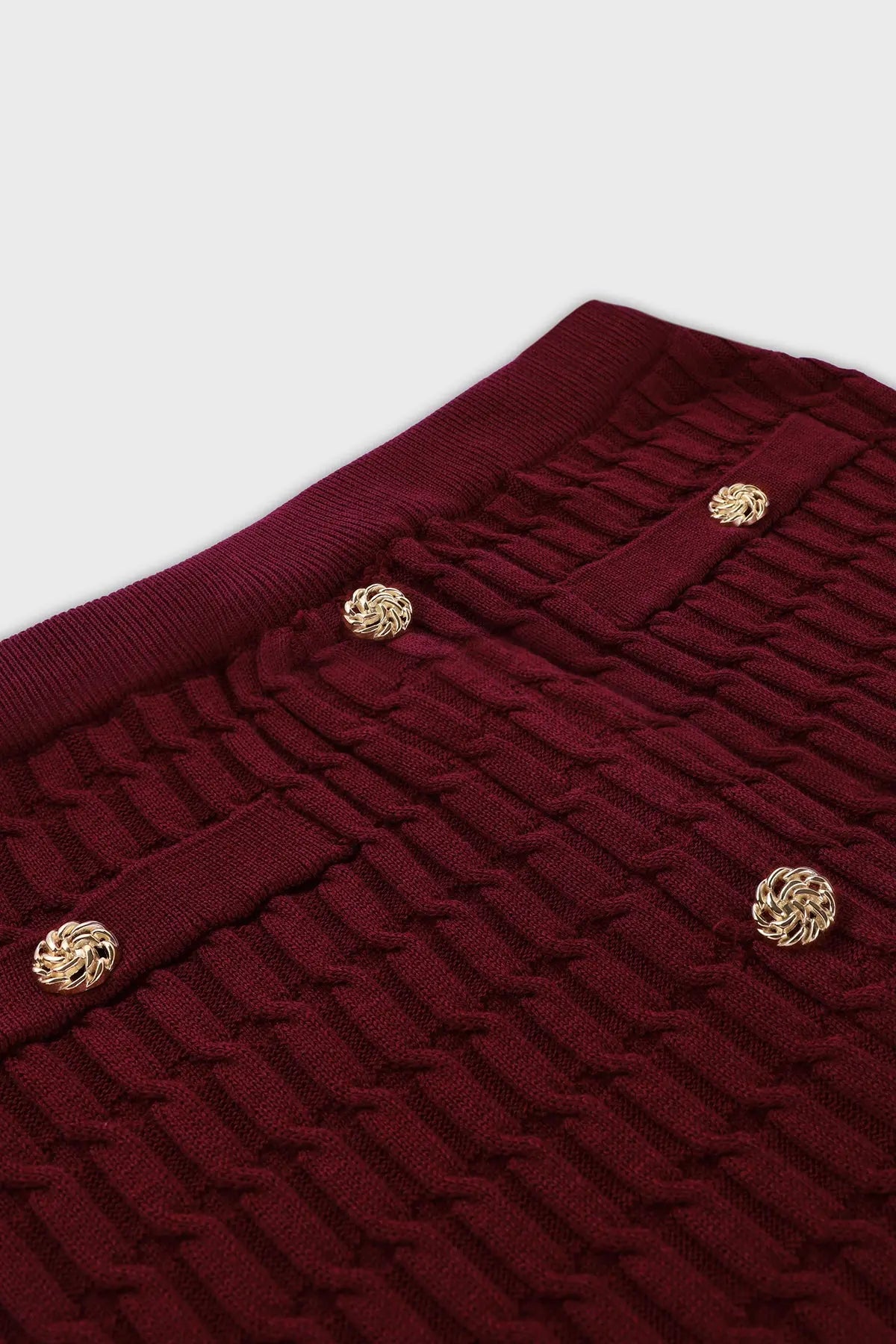 Bordo Örgü Dokulu Gold Düğmeli Midi Etek  Mısırlı 1951