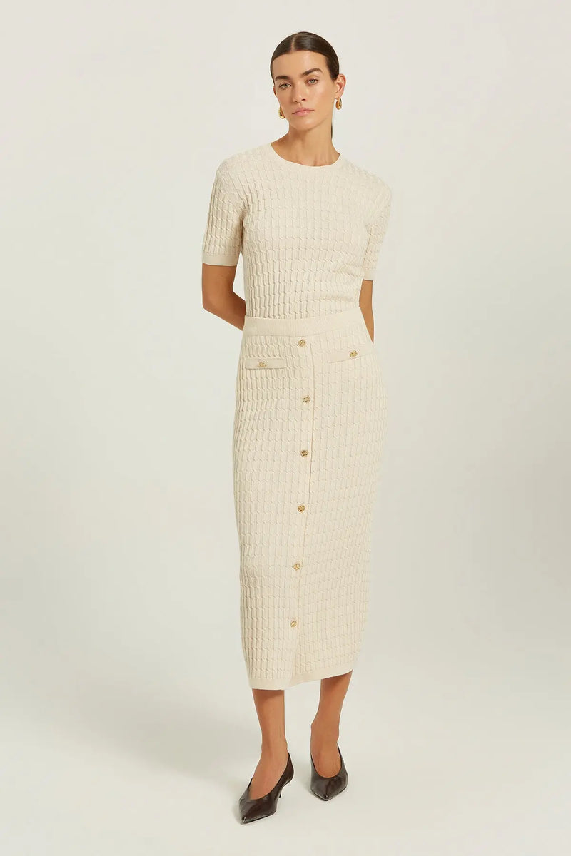 Bej Örgü Dokulu Gold Düğmeli Midi Etek  Mısırlı 1951