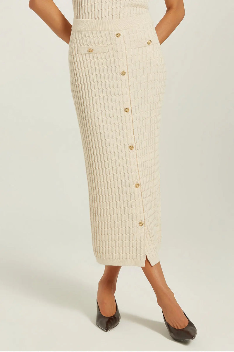 Bej Örgü Dokulu Gold Düğmeli Midi Etek  Mısırlı 1951