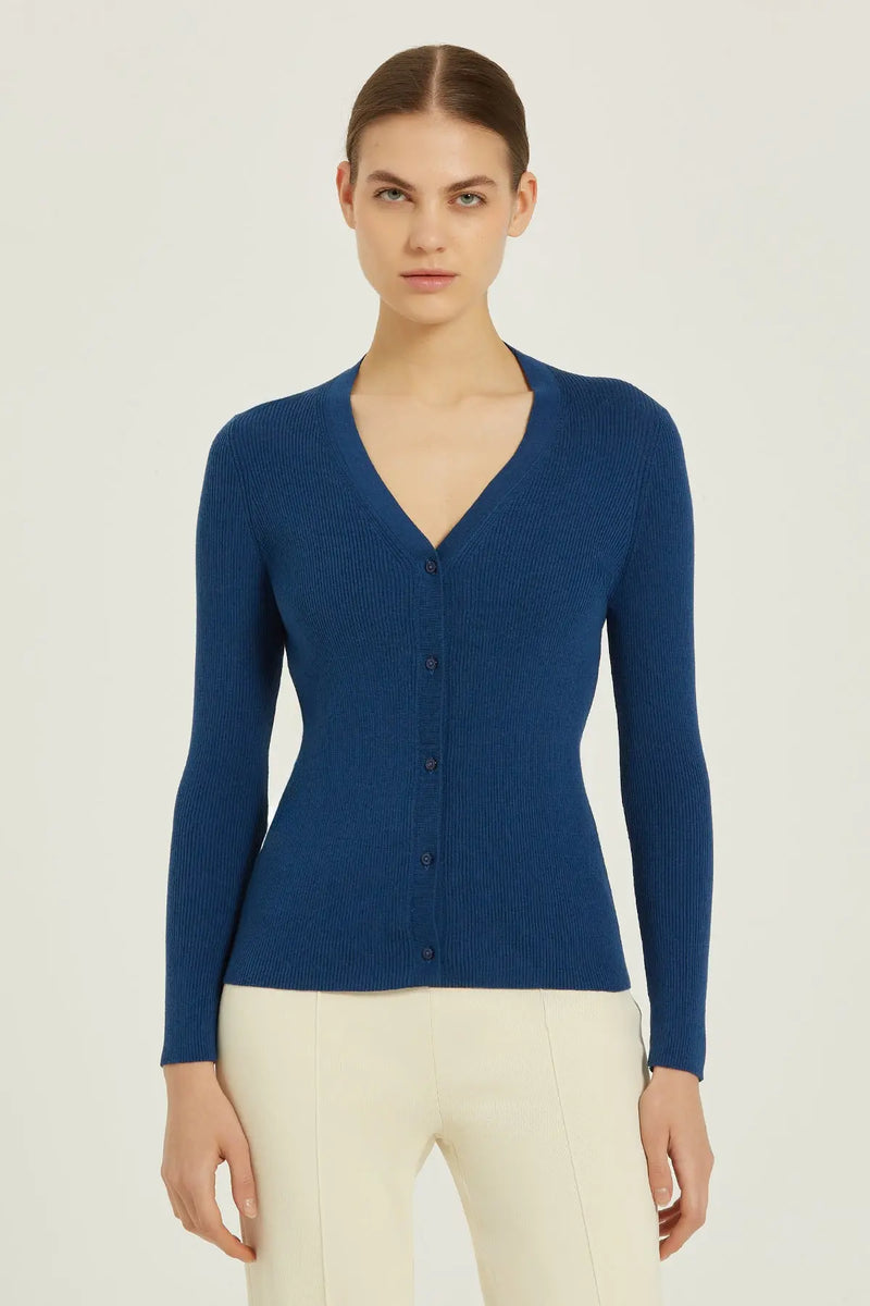 Lacivert V Yaka Ribanalı Kadın Hırka  Mısırlı 1951