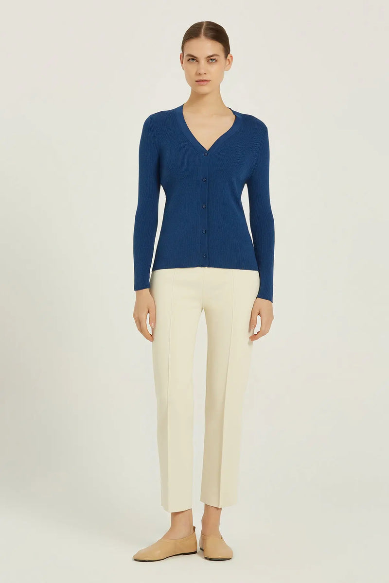 Lacivert V Yaka Ribanalı Kadın Hırka  Mısırlı 1951