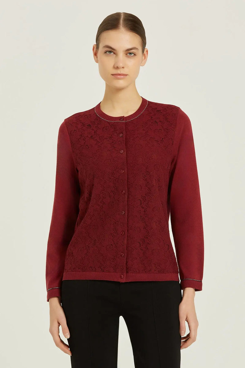 Bordo Önü Dantelli Kadın Hırka  Mısırlı 1951