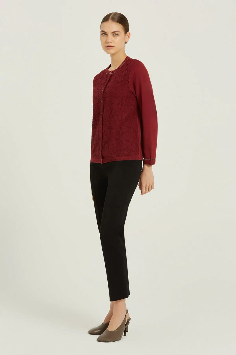 Bordo Önü Dantelli Kadın Hırka  Mısırlı 1951