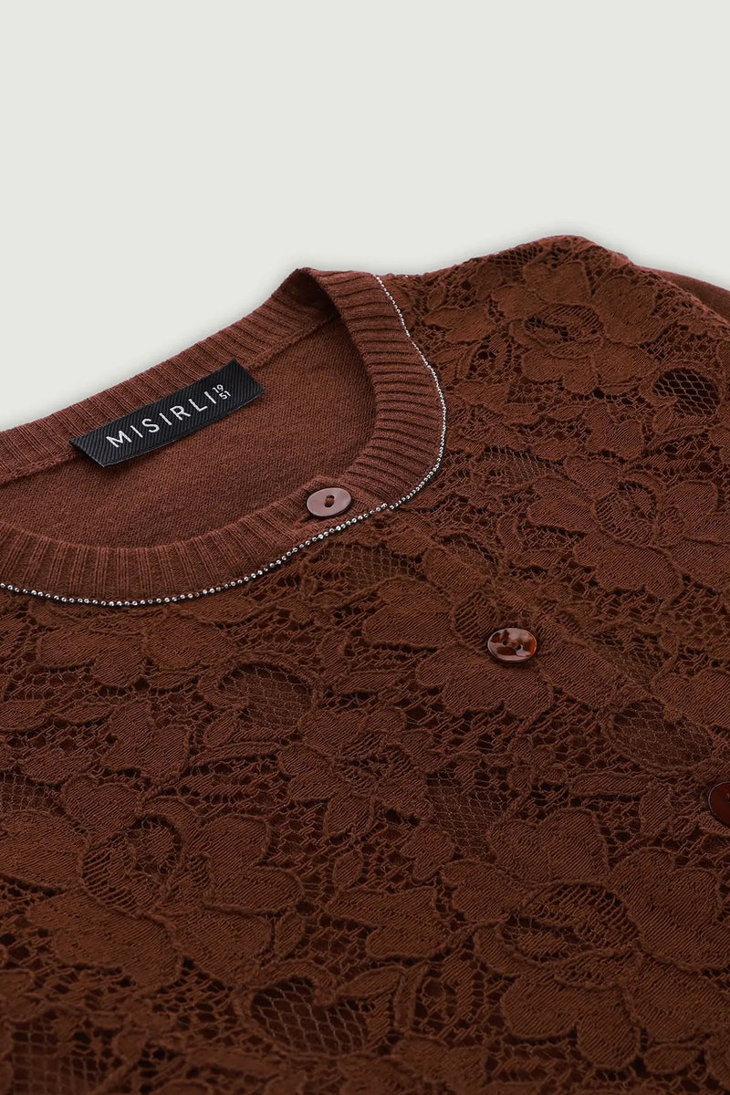 Kahverengi Önü Dantelli Kadın Hırka  Mısırlı 1951