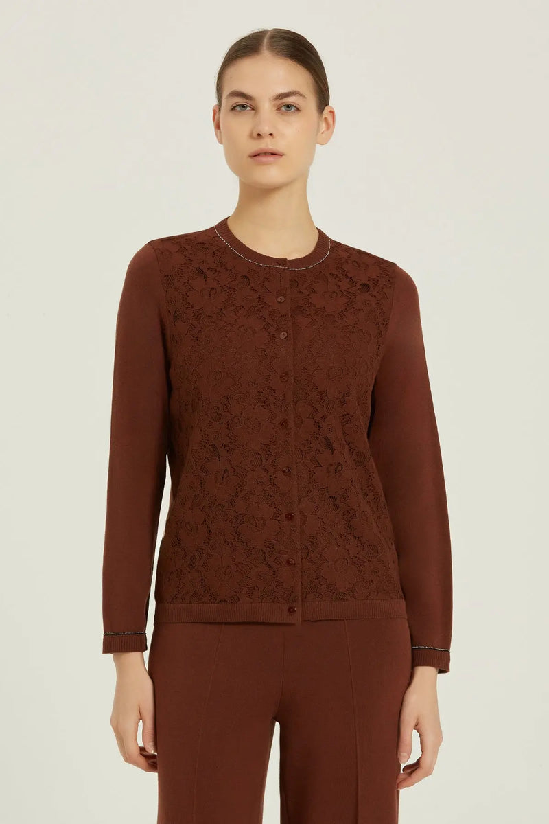 Kahverengi Önü Dantelli Kadın Hırka  Mısırlı 1951