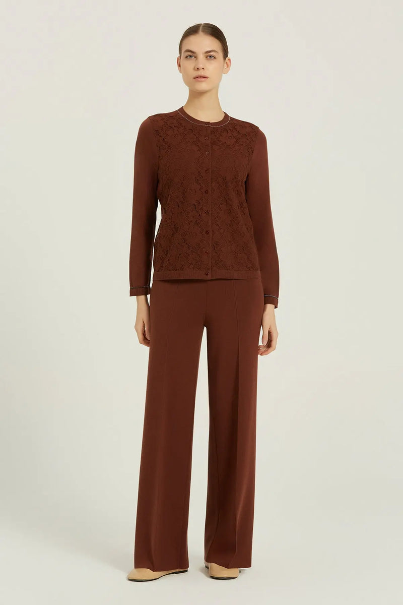 Kahverengi Önü Dantelli Kadın Hırka  Mısırlı 1951