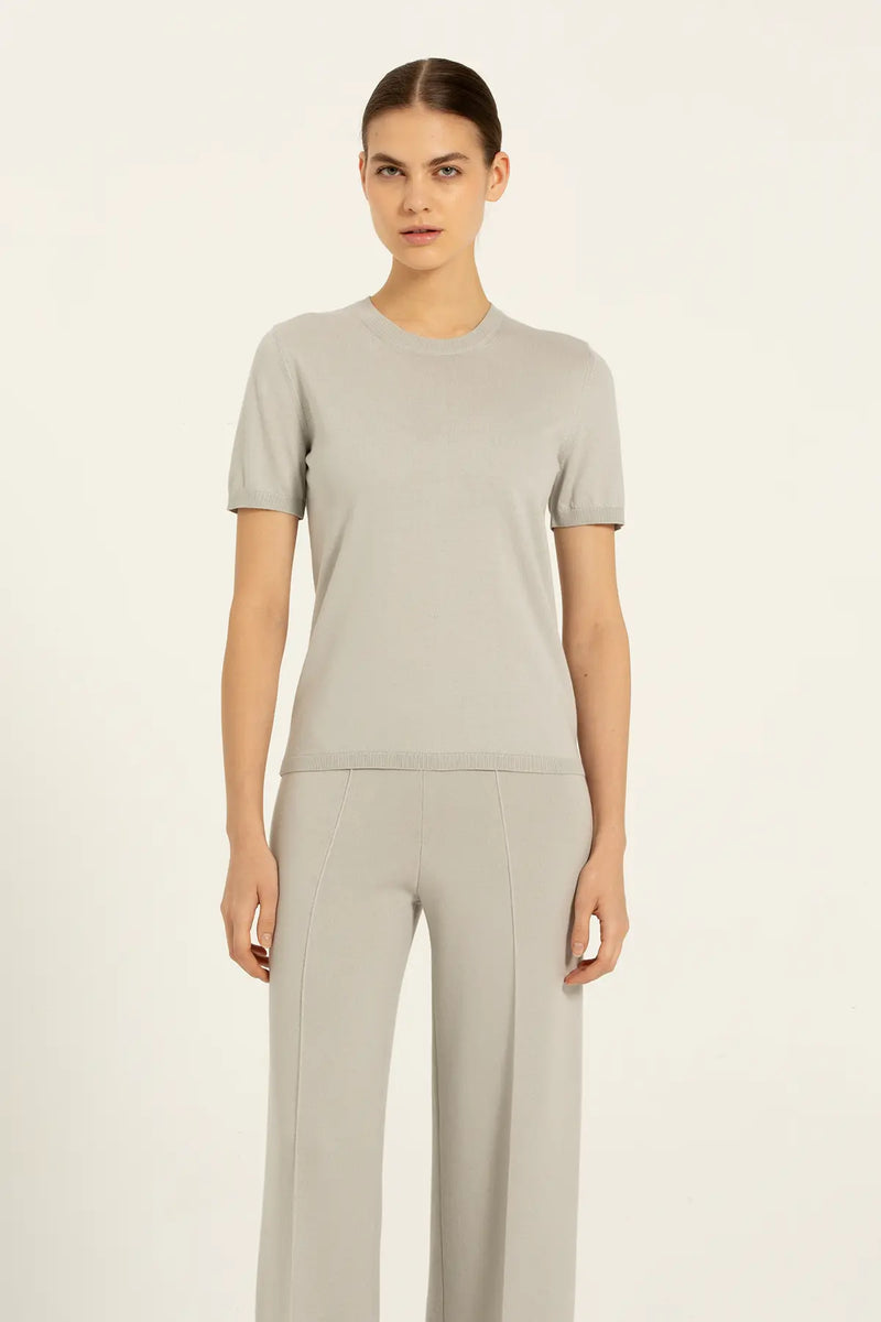 Açık Gri Kısa Kollu Triko Kadın Tişört  Mısırlı 1951