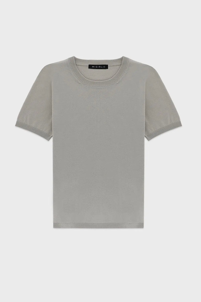 Açık Gri Kısa Kollu Triko Kadın Tişört  Mısırlı 1951