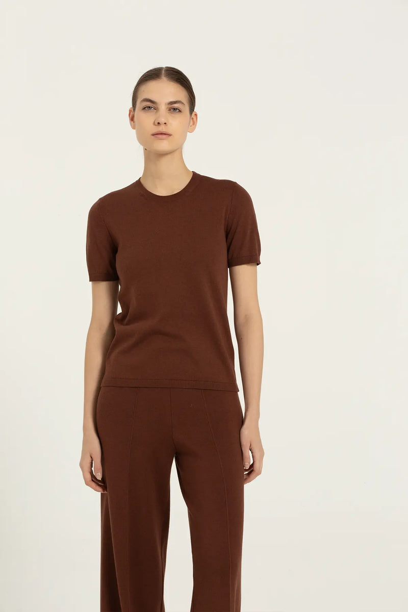 Kahverengi Kısa Kollu Triko Kadın Tişört  Mısırlı 1951