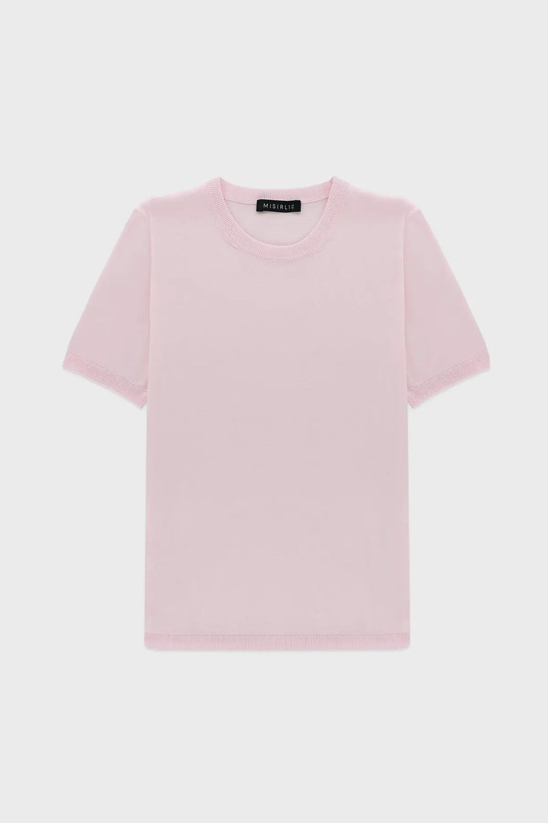 Toz Pembe Kısa Kollu Triko Kadın Tişört  Mısırlı 1951