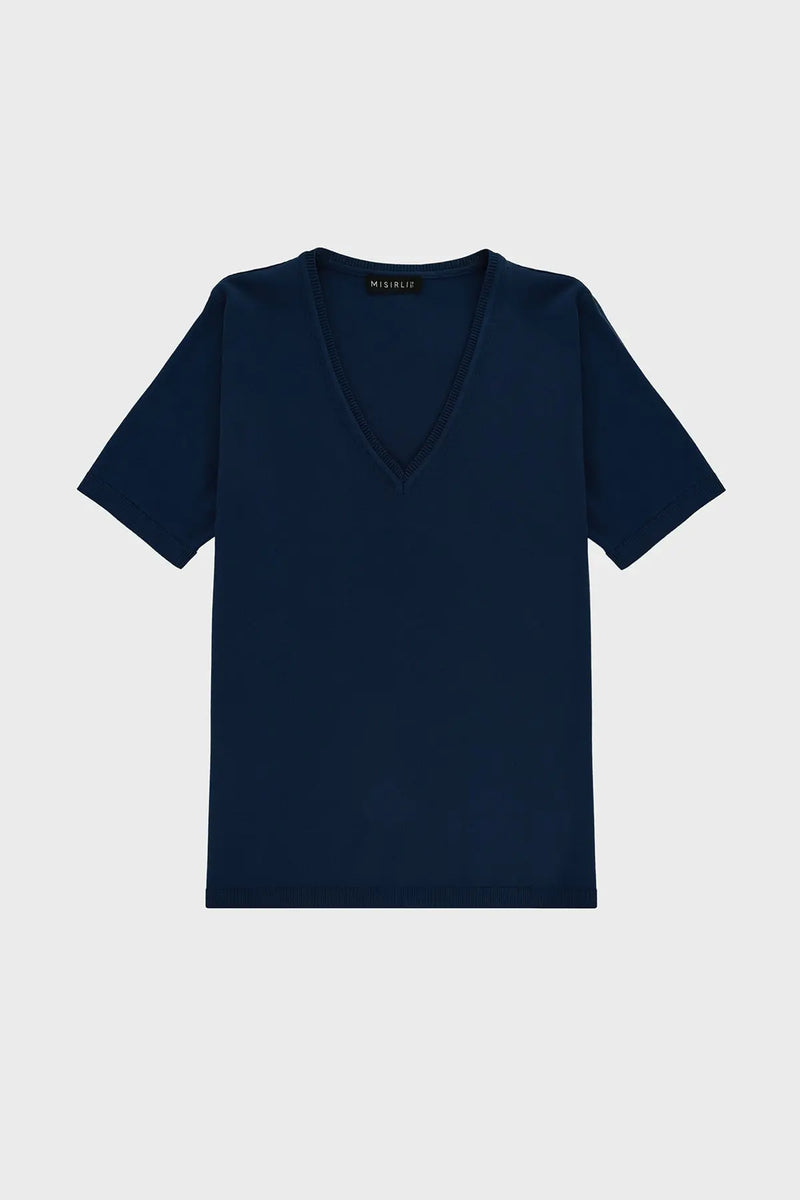 Lacivert V Yaka Triko Kadın Tişört  Mısırlı 1951