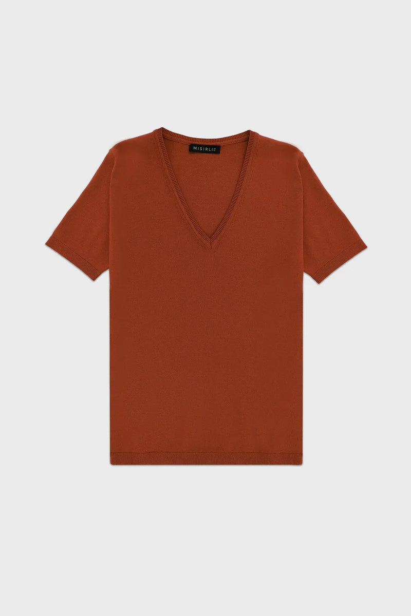 Kızıl Kil V Yaka Triko Kadın Tişört  Mısırlı 1951