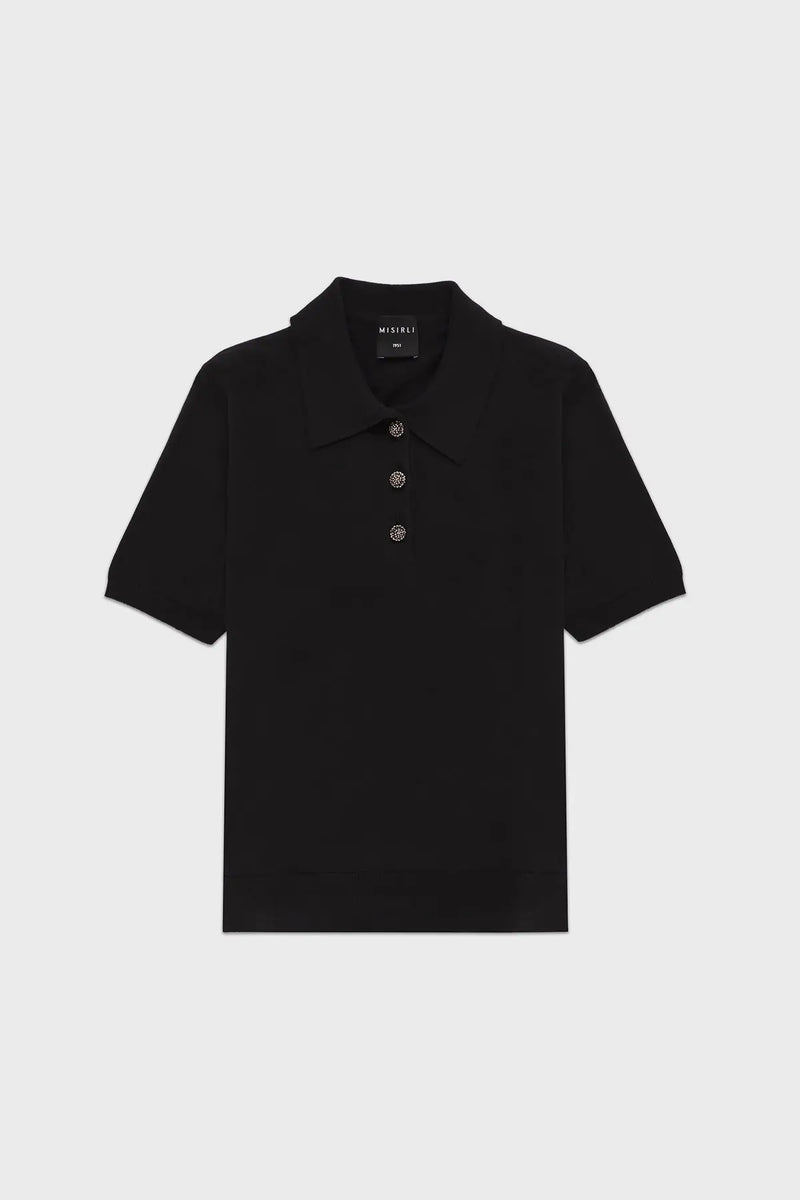 Siyah Polo Yaka Çiçek Düğmeli Kadın Tişört  Mısırlı 1951