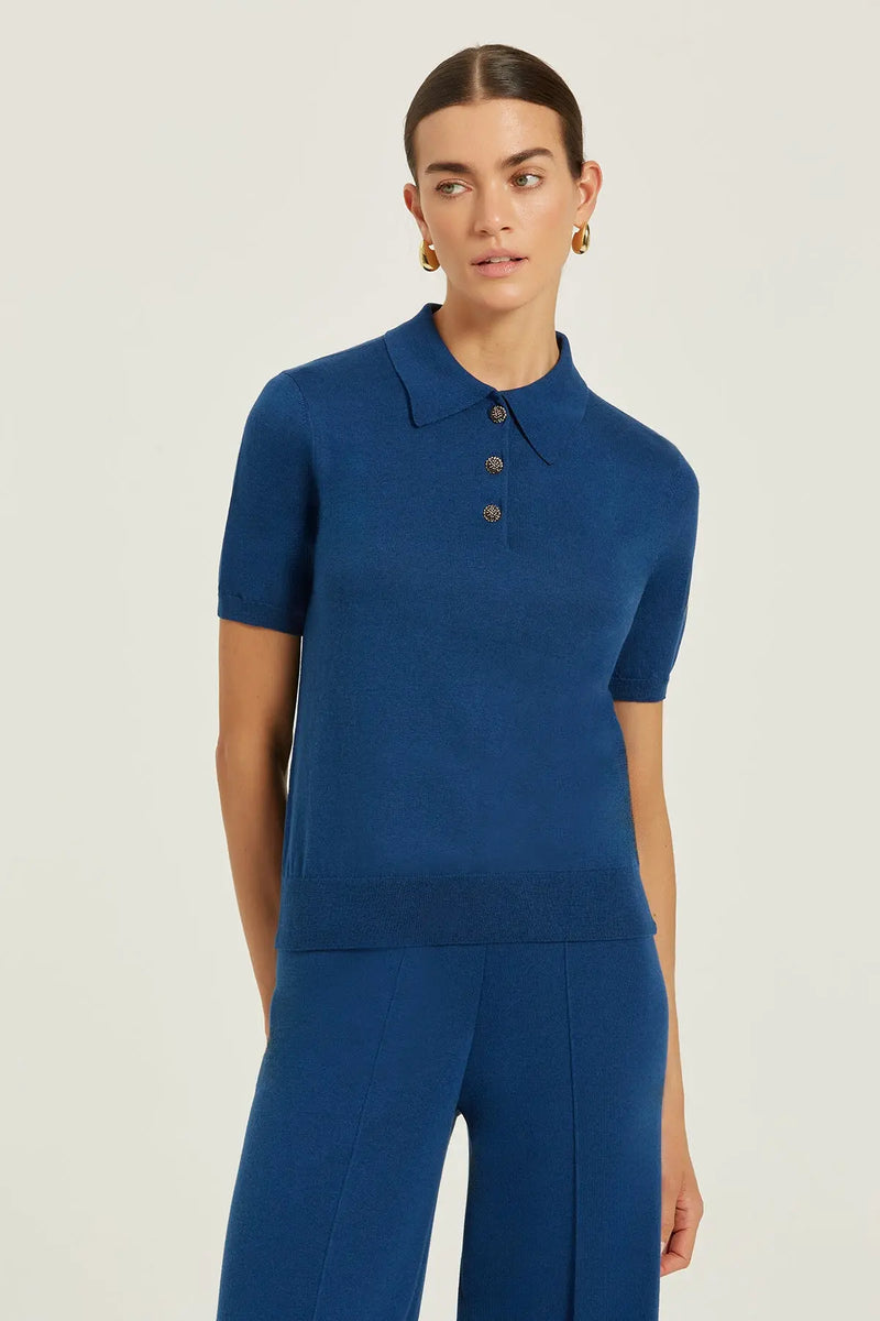 Lacivert Polo Yaka Çiçek Düğmeli Kadın Tişört  Mısırlı 1951