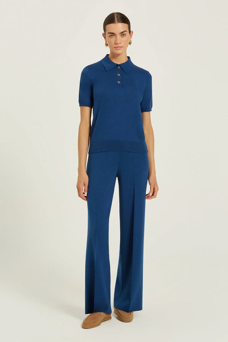 Lacivert Polo Yaka Çiçek Düğmeli Kadın Tişört  Mısırlı 1951