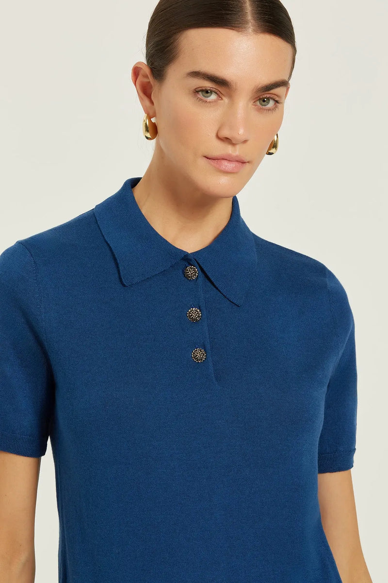 Lacivert Polo Yaka Çiçek Düğmeli Kadın Tişört  Mısırlı 1951