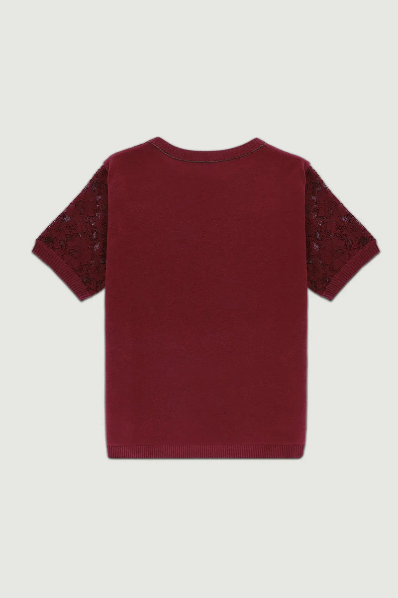Bordo Dantel Detaylı Kısa Kollu Bluz