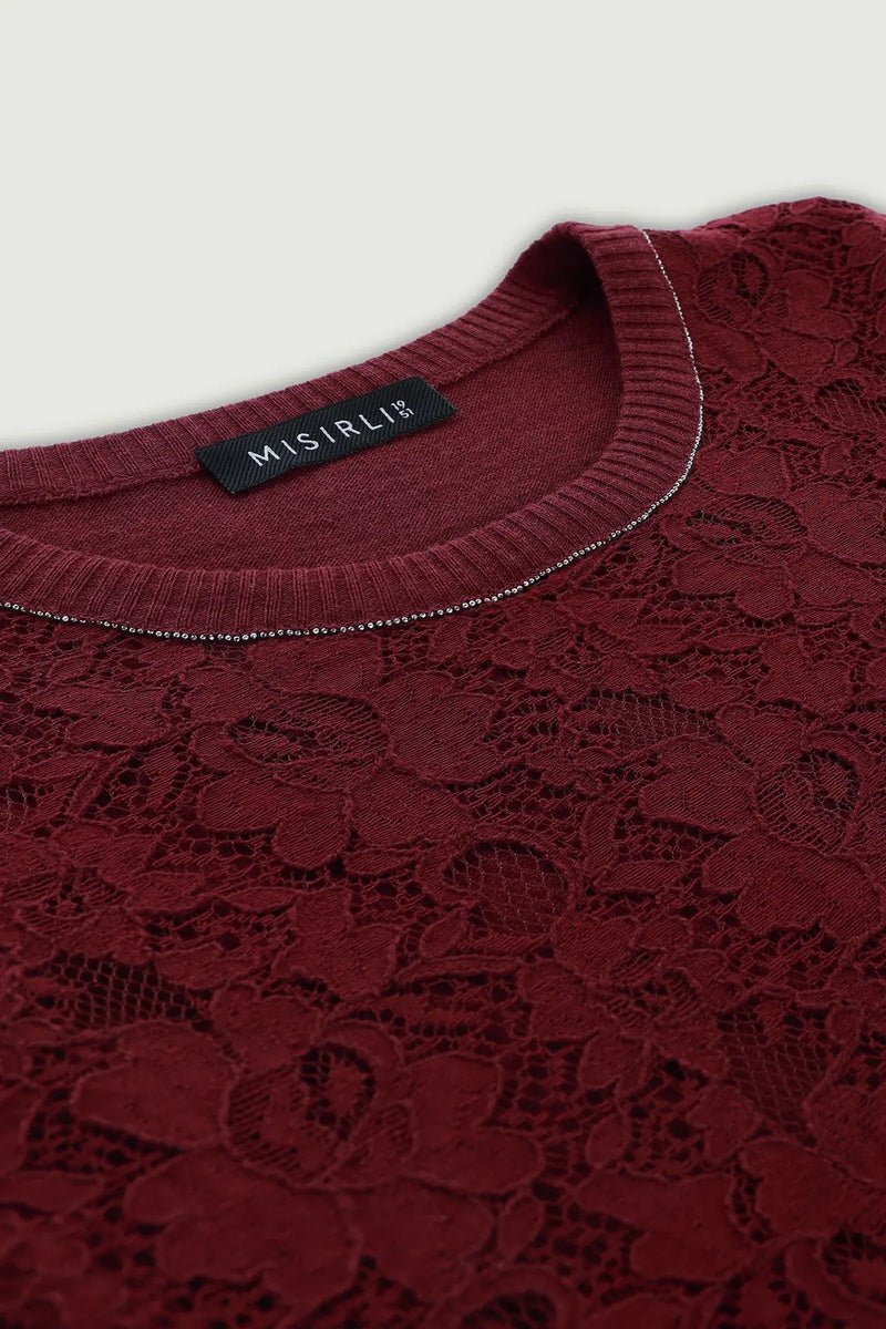 Bordo Dantel Detaylı Kısa Kollu Bluz
